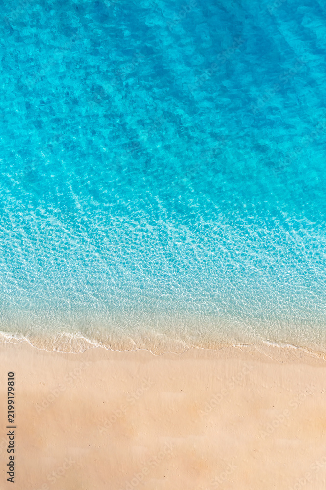 Obraz premium Perfect aerial turquoise ocean crystal water golden sand beach shoreline abstract minimal summer paradise. Peaceful nature seascape design scene. Artistic drone coastal pattern relax wellness wall art