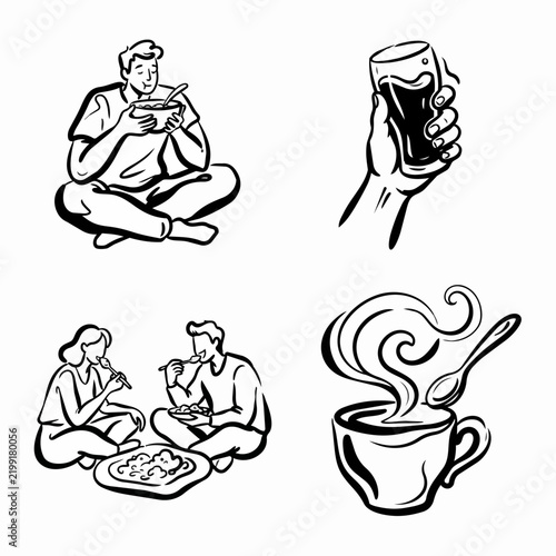 People enjoying meals and coffee together in illustrations
