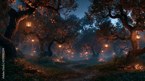 Moonlit lantern orchard with autumn trees and glowing path