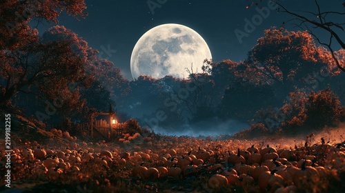 Giant full moon over glowing pumpkins in autumn fantasy field