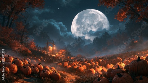 Moonlit pumpkin field with lantern gate in autumn fantasy landscape