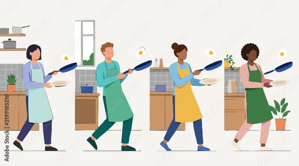 Fototapeta premium Cooking breakfast: diverse people flipping eggs in a home kitchen scene