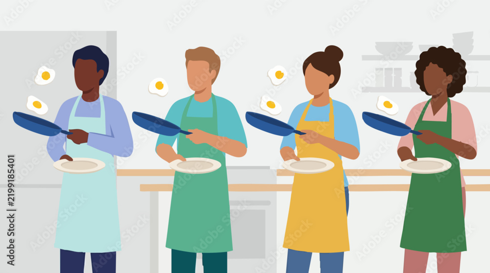 Fototapeta premium Diverse people cooking fried eggs in a kitchen, preparing breakfast