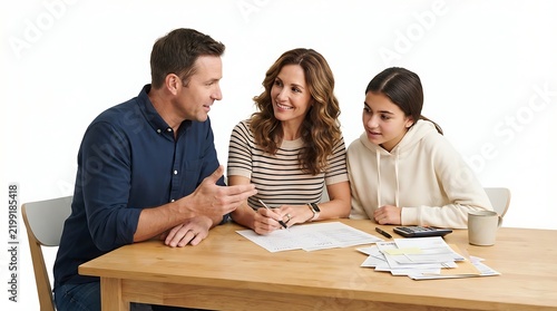 Family sitting at a wooden table reviewing financial documents