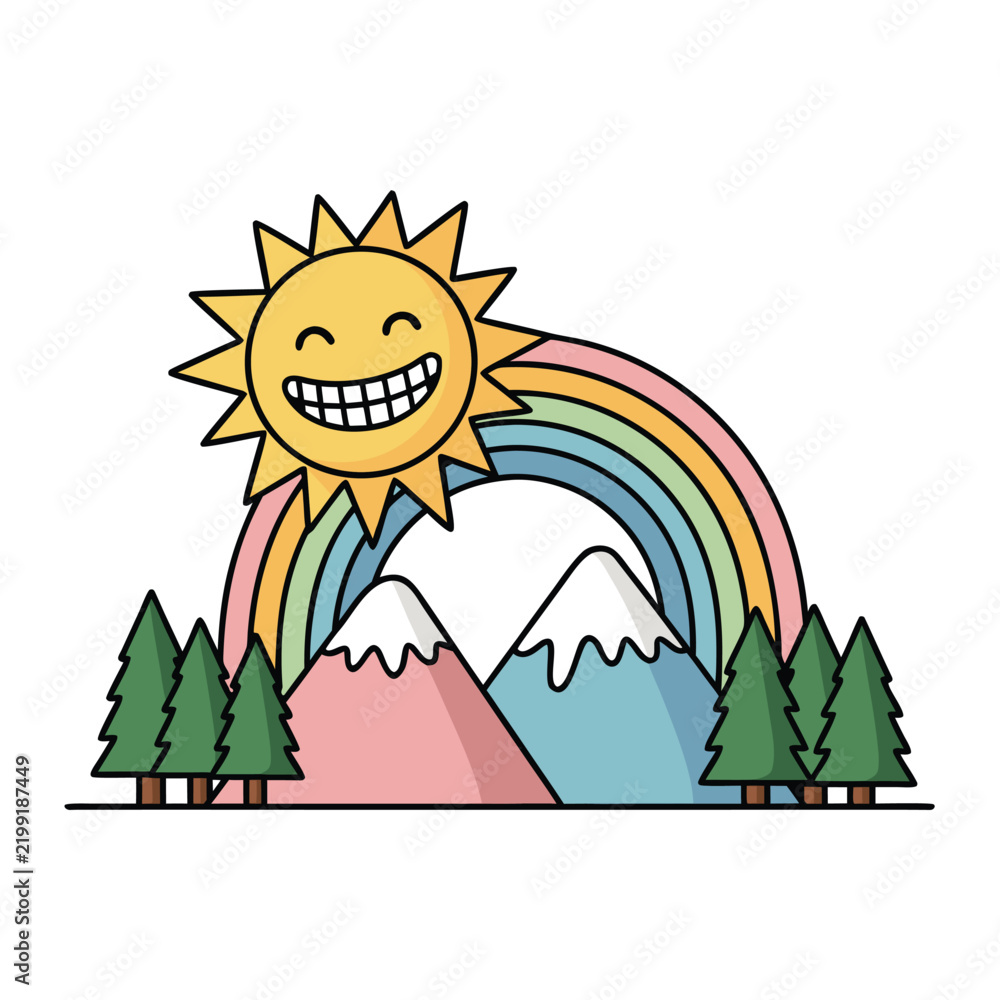 Obraz premium A creative vector illustration of a cheerful smiling sun over snowy mountain peaks and pine forests with a vibrant rainbow background