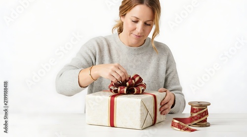 Woman wrapping a gift with red ribbon on a white table