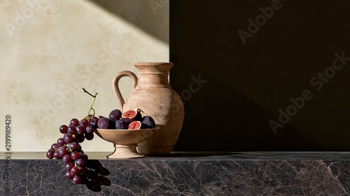 Purple Fruit Arrangement on Dark Marble Ledge