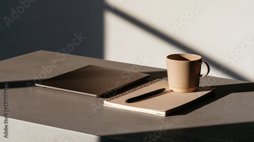 Minimal Laptop Workspace with Ceramic Mug and Copy Space