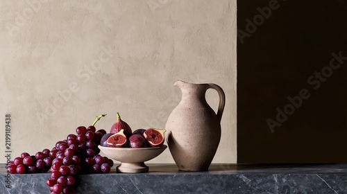 Ceramic Pitcher with Figs Grapes and Copy Space
