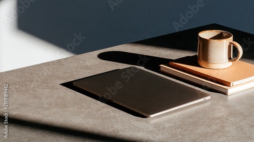 Modern Laptop with Coffee Mug and Books on Stone Desk