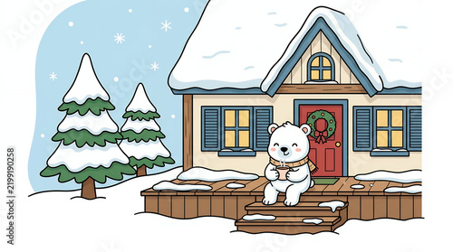 Cute polar bear sitting on snow cabin porch illustration.