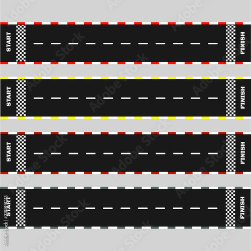 Horizontal racing tracks featuring start and finish lines in a modern flat vector graphic design style