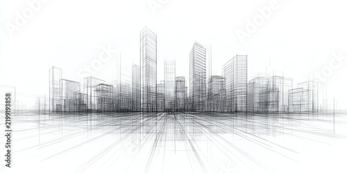 Architectural sketch of modern skyscrapers and urban landscape Wireframe rendering of city buildings
