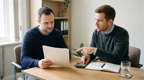 Two men reviewing financial documents and calculating budget