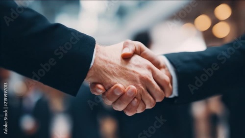 Business Handshake: Two suited professionals engage in a firm handshake, symbolizing agreement and partnership in a professional setting.