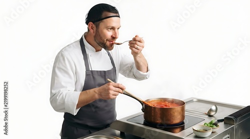 Professional chef tasting tomato sauce from a copper pot