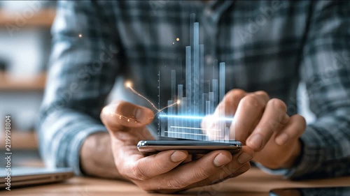 Holographic Financial Data Displayed on Smartphone: A man's hands hold a smartphone, from which a glowing blue holographic graph and data visualization emerges.