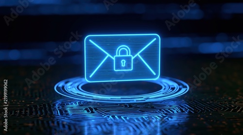 Security email encryption with glowing neon padlock icon on digital circuit board for cyber data privacy protection