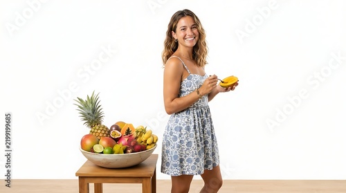 Smiling woman holding a fresh mango beside a bowl of tropical fruit