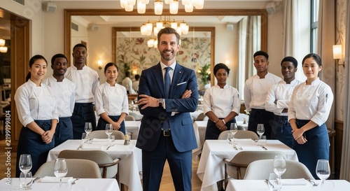 Confident Restaurant Manager Leading a Professional Hospitality Team in a Luxurious Dining Establishment