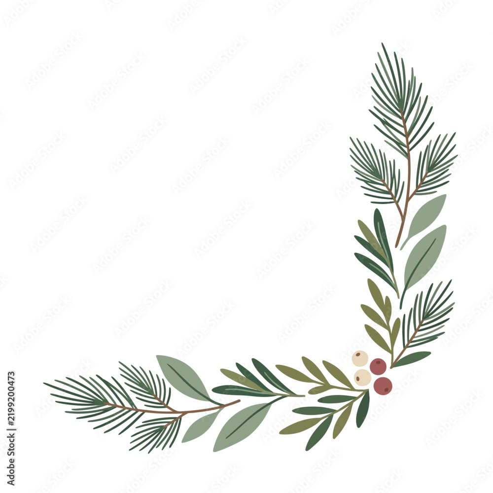 Fototapeta premium Christmas day, Hand-drawn botanical Christmas corner frame, winter greenery border with pine needles and berries, festive evergreen foliage vector illustration isolated on White Background