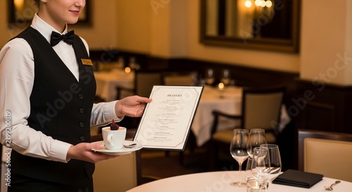 Professional waiter presenting a dessert and menu in an elegant restaurant dining room