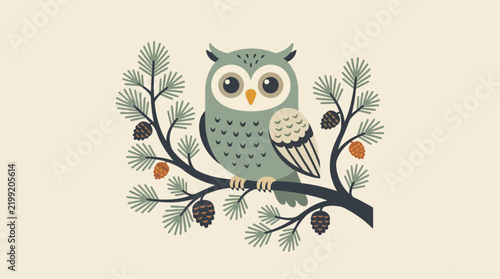 Cute Owl Illustration on Pine Tree Branch with Pinecones - Flat Vector Art for Nursery Decor, Holiday Cards, and Nature-Themed Designs