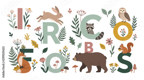 Woodland Animal Alphabet Illustration - Forest Creatures and Letters for Nursery Decor, Education, and Kids Wall Art
