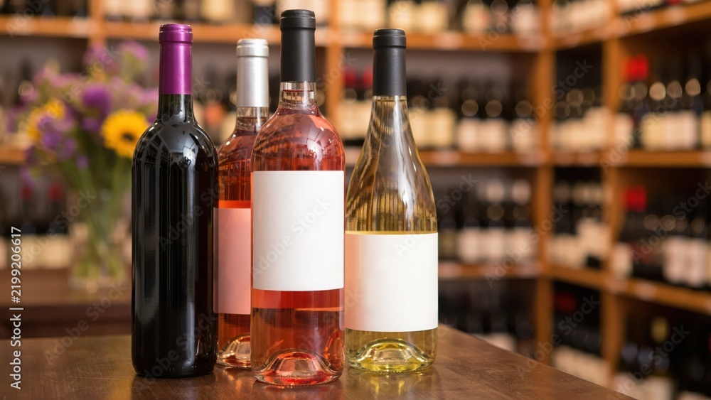 Obraz premium Four assorted wine bottles with blank labels standing on a counter in a wine shop. Ideal for wine tasting and winery marketing concepts.