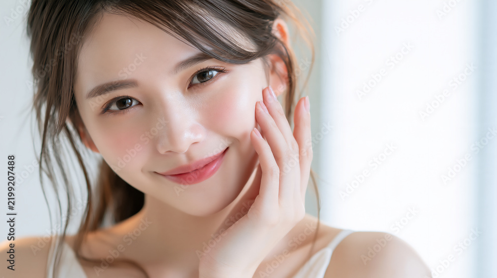 Fototapeta premium Beautiful Asian Woman Smiling and Gently Touching Her Face