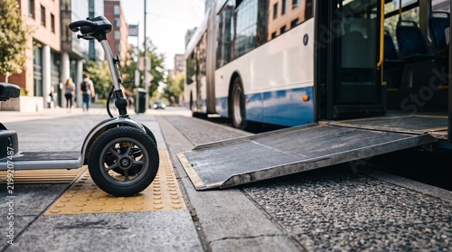 Low floor bus ramp deployed for wheelchair access at a city stop on a bright urban street