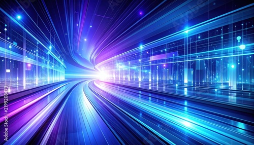 Futuristic blue purple glass data pathway with transparent digital technology layers, ideal for AI network connection, software innovation, and modern abstract background design concepts