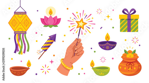 Colorful flat vector icons featuring festive elements celebrating the traditional Indian Hindu festival of lights Diwali