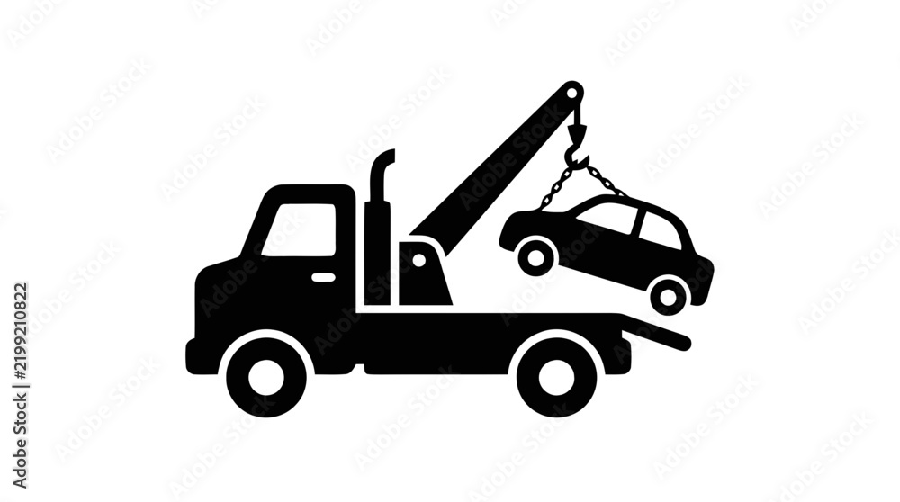 Fototapeta premium Vector illustration of tow truck lifting a car icon, roadside assistance and vehicle recovery service on a transparent background
