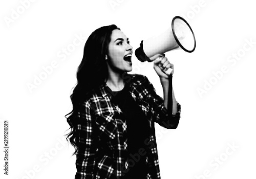 Obraz na plátně Woman speaking loudly into a megaphone illustration