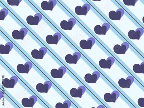 Seamless Diagonal Striped Pattern with Purple Hearts on Light Blue Background