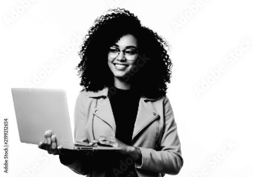 Woman smiling while using laptop at home illustration