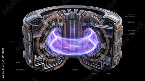 Foto Cutaway view of advanced fusion reactor with glowing plasma core and magnetic confinement coils