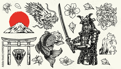 Japanese motifs in black ink on white background
