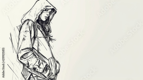 Fashion illustration of stylish 2YK woman in oversized hoodie and baggy pants on white background