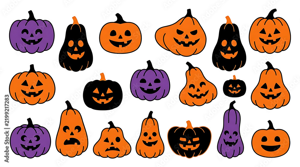 Fototapeta premium Halloween pumpkin vector set with spooky carved jack o lanterns in orange, purple, and black