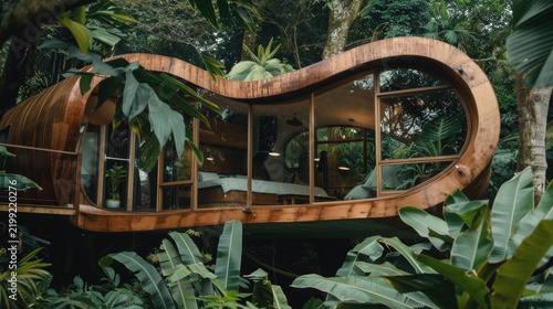 Concept of modern eco treehouse with curved architecture nestled among trees in lush forest setting background