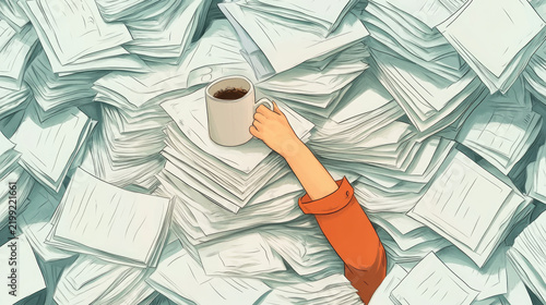 Office worker drowning in pile of documents and scattered papers while holding coffee cup. Concept of work overload