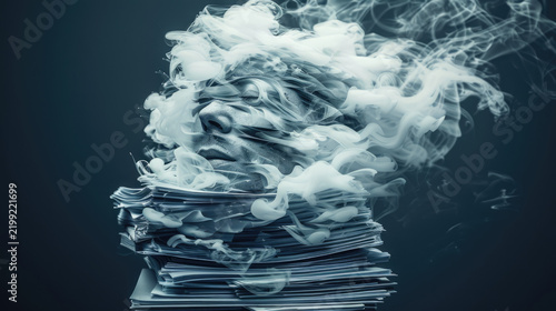 Human face dissolving into smoke above stack of papers representing mental burnout from overwork