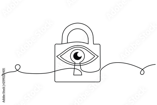 Padlock eye line art showing a rounded lock, eye symbol, keyhole, shackle, and flowing cord in a clean continuous one line drawing and minimalist outline vector style.