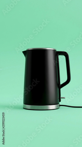 AI image of a modern electric tea kettle with a smooth matte black body placed against a bright mint-green background