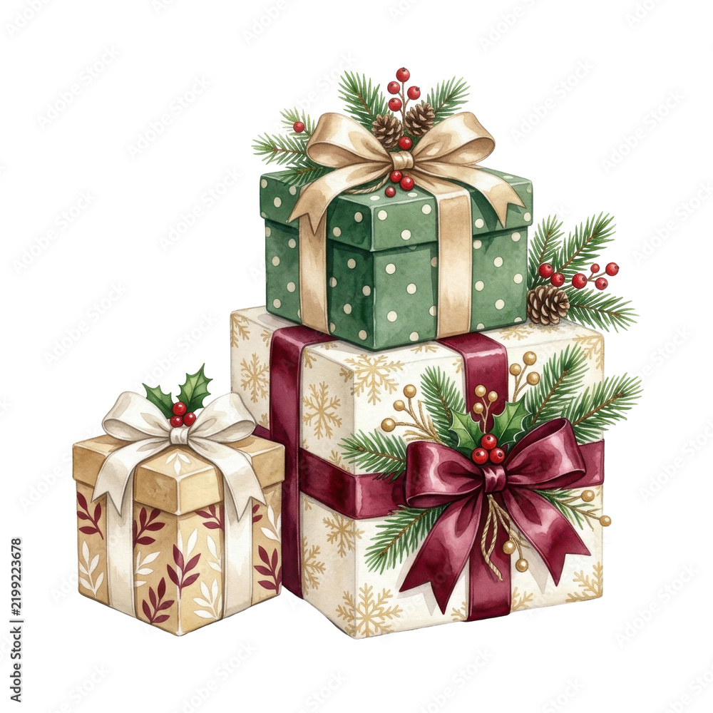 Obraz premium Festive Christmas Presents: A beautifully wrapped stack of Christmas gifts adorned with ribbons, pine sprigs, holly, and berries, ready to be exchanged and spread holiday cheer.