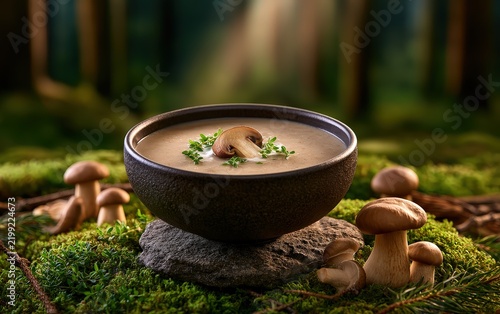 Cozy Autumn Scene with Bowl of Soup Mushrooms and Pine Cones