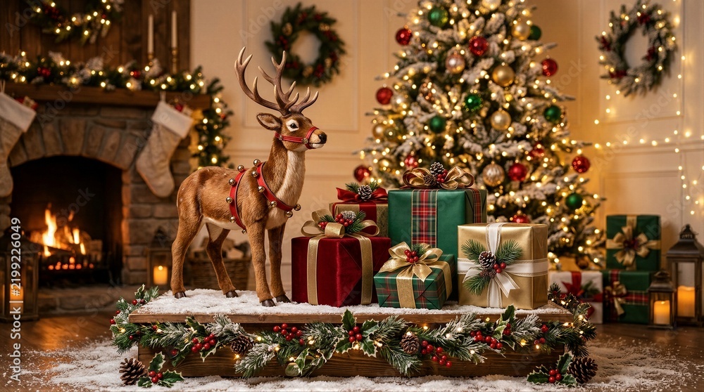 Obraz premium Decorative reindeer figure with wrapped gifts in living room
