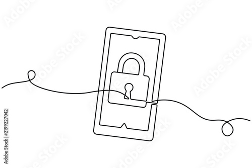 Padlock continuous line art showing a central lock with keyhole inside a rounded rectangular frame and a curved flowing line, rendered in clean black outline style.